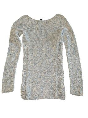 Theory Marled Cotton Silk Knit Sweater Medium Boat Neck Cable Side Detail Beige